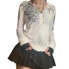 Hnewly y2k Hoodies Women Rhinestone Graphic Print Long Sleeve Hooded Coat Tops Gothic Grunge Sweatshirts 2000s Streetwear
