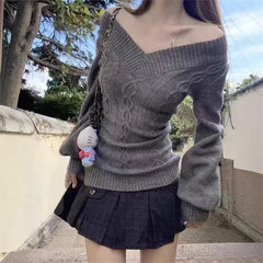 Hnewly  Korean Fashion Sexy Solid Knitted Tops Women Early Autumn New Sweaters Pullover Long Sleeve Pullovers Y2K Casual Streetwear