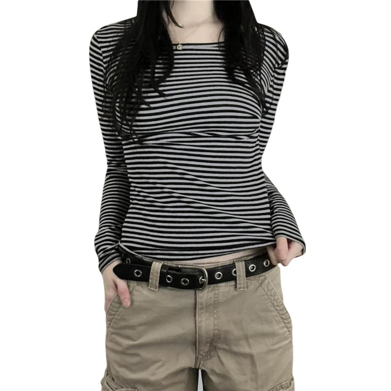 Hnewly FALL OUTFIT Vintage Aesthetic Striped Top Grunge Fairycore Casual Long Sleeve T Shirt y2k Women Clothes 2000s Tee Autumn Streetwear