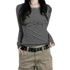 Hnewly FALL OUTFIT Vintage Aesthetic Striped Top Grunge Fairycore Casual Long Sleeve T Shirt y2k Women Clothes 2000s Tee Autumn Streetwear