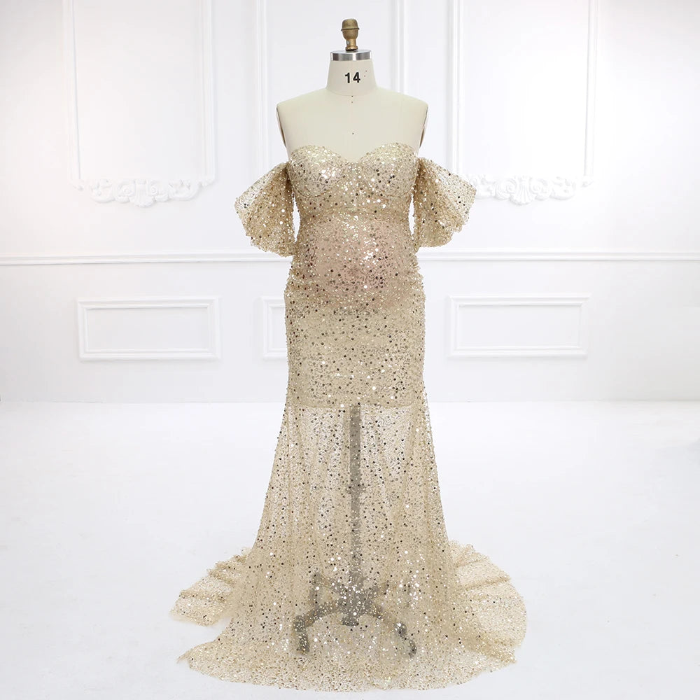 Hnewly  Gold Sequin with Pearls Maternity Photoshoot Dresses Baby Shower Dress for Pregnant Woman Pregnancy Shooting Dress