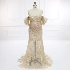 Hnewly  Gold Sequin with Pearls Maternity Photoshoot Dresses Baby Shower Dress for Pregnant Woman Pregnancy Shooting Dress