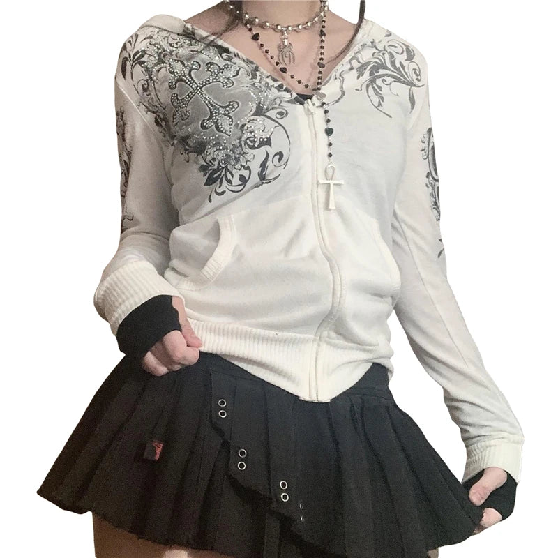 Hnewly y2k Hoodies Women Rhinestone Graphic Print Long Sleeve Hooded Coat Tops Gothic Grunge Sweatshirts 2000s Streetwear