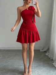 Lunivop  Red one shoulder bow adorned ruched short dress,Red asymmetrical strap bow slim fit dress,Red one shoulder ruffled mini dress
