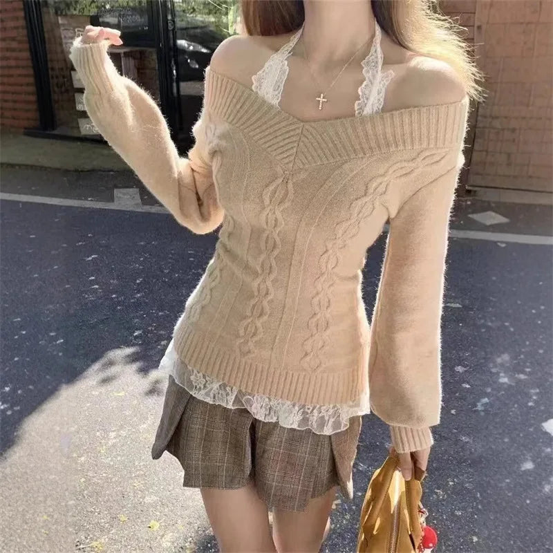 Hnewly  Korean Fashion Sexy Solid Knitted Tops Women Early Autumn New Sweaters Pullover Long Sleeve Pullovers Y2K Casual Streetwear