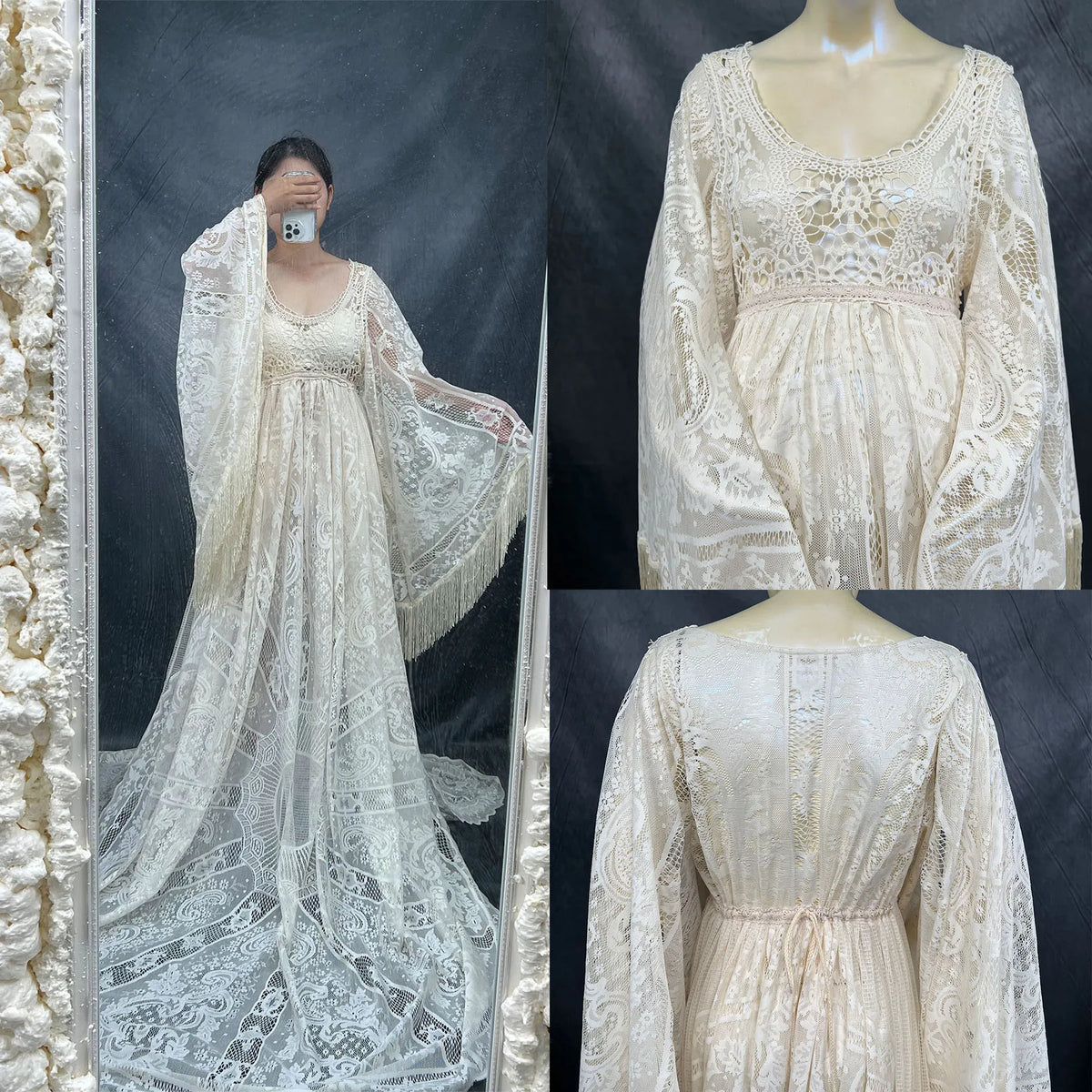 Hnewly  Boho Beach Seaside Pregnancy Dress for Photo Shoot Round Neck Bell Sleeves Lace Maternity Photography Dress Props