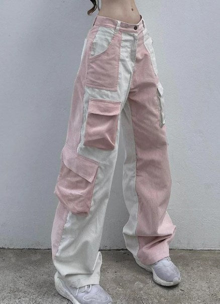 Hnewly Corduroy Pants Woman Baggy High Waist Contrast Patchwork Trousers Y2K Streetwear Casual Straight Sweatpants Capris Winter fits Streetwear