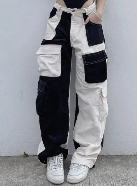 Hnewly Corduroy Pants Woman Baggy High Waist Contrast Patchwork Trousers Y2K Streetwear Casual Straight Sweatpants Capris Winter fits Streetwear