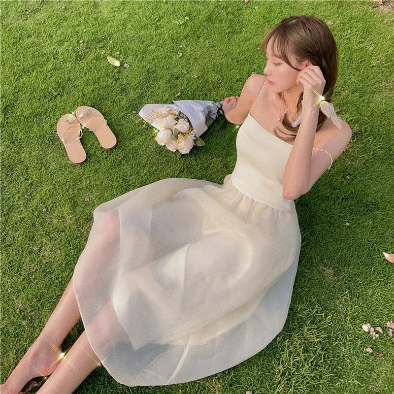 Hnewly DRESS TO IMPRESS Sweet Elegant Fairy Long Dress White Mesh Sexy Party Strap Dress Summer Vintage Wedding Evening Victorian Dress Korean New