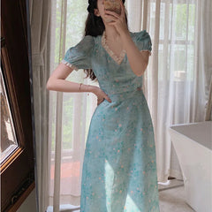 Summer Floral Vintage Dress Women Lace Patchwork Sweet Party Midi Dress Female 2024 French Short Sleeve Slim Fairy Kawaii Dress