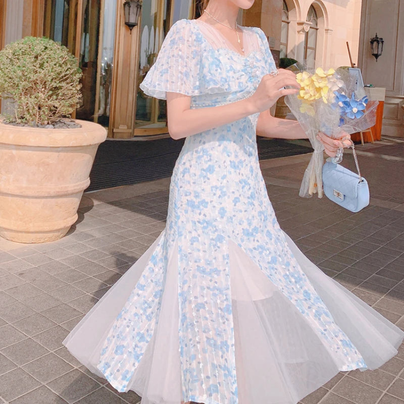 Hnewly DRESS TO IMPRESS Vintage Chiffon Fairy Dress Women Elegant Floral Print Split Victorian Dress Summer Holiday Korean Long Party Dress Wedding