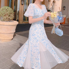Hnewly DRESS TO IMPRESS Vintage Chiffon Fairy Dress Women Elegant Floral Print Split Victorian Dress Summer Holiday Korean Long Party Dress Wedding