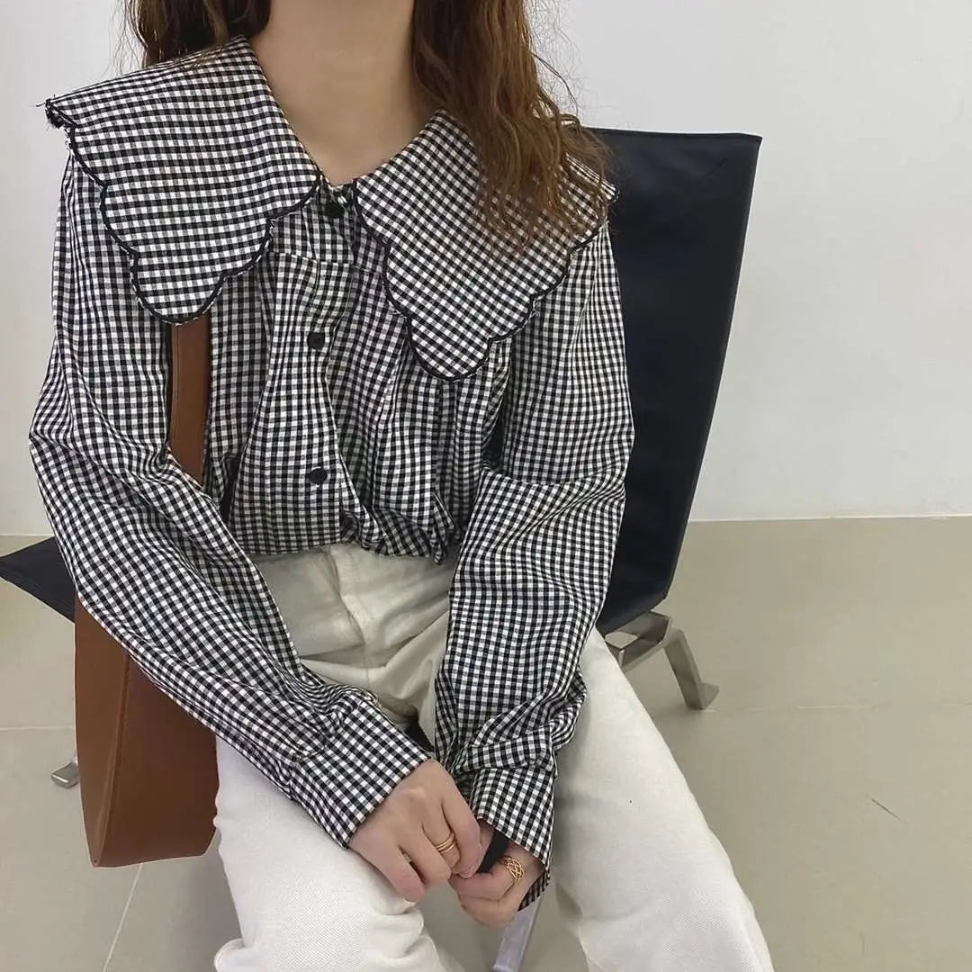 Hnewly Spring Shirt Womens Lovely Elegant Soft Student Simple Plaid All-match Chic Tops Peter-pan-collar Fashion Vintage New Clothing