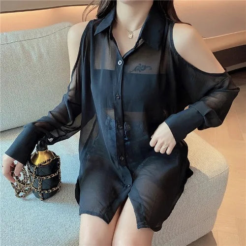 Hnewly Shirts Women Loose Design Solid Summer Leisure Off Shoulder Minimalist Ladies Korean Style Mid-length Sun-proof Comfortable Chic