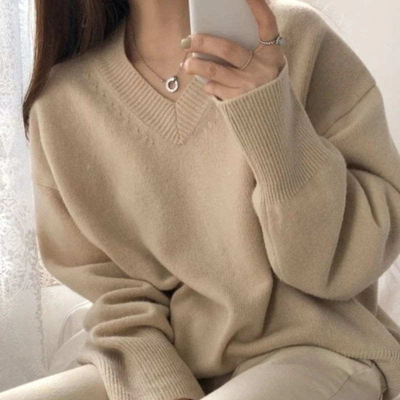 Hnewly FALL OUTFIT Sweater Pullovers Women Spring New Chic Solid V-neck All-match Loose Simple Female Fashion Vintage Elegant Clothing Leisure Soft