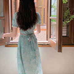 Hnewly DRESS TO IMPRESS Summer Floral Vintage Dress Women Lace Patchwork Sweet Party Midi Dress Female 2024 French Short Sleeve Slim Fairy Kawaii Dress