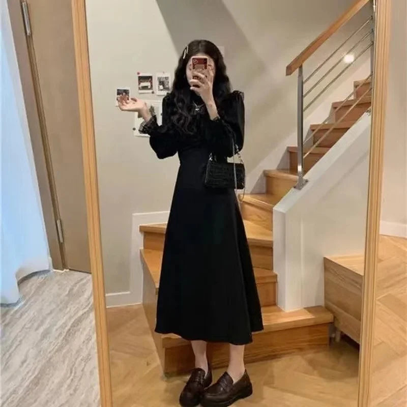 Hnewly DRESS TO IMPRESS French Lace Vintage Dress Women Fashion Puffer Sleeve Elegant One Piece Dress Korean Spring High Street Slim Midi Dress  Y2k