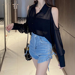 Hnewly Shirts Women Loose Design Solid Summer Leisure Off Shoulder Minimalist Ladies Korean Style Mid-length Sun-proof Comfortable Chic