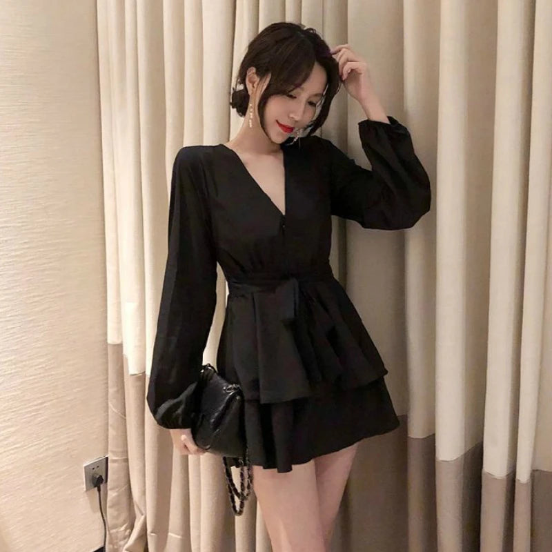 Hnewly Long Sleeve Dress Women Red V-neck Cascading Ruffle Casual Mini Dresses Womens Elegant Sexy Party Vestidoes Fashion Solid Trendy