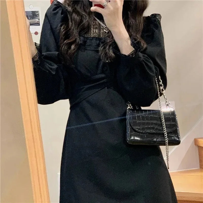 Hnewly DRESS TO IMPRESS French Lace Vintage Dress Women Fashion Puffer Sleeve Elegant One Piece Dress Korean Spring High Street Slim Midi Dress  Y2k