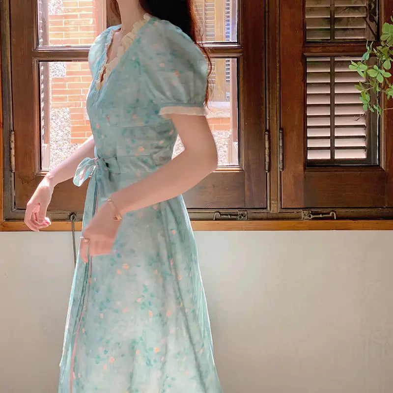 Hnewly DRESS TO IMPRESS Summer Floral Vintage Dress Women Lace Patchwork Sweet Party Midi Dress Female 2024 French Short Sleeve Slim Fairy Kawaii Dress