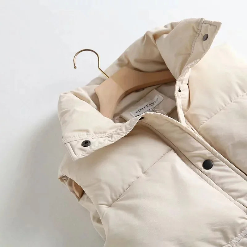 Hnewly Autumn Winter Women Solid Loose Vest Drawstring Stand Collar Long Vest Jacket  Cotton Padded Women Windproof Warm Waistcoat
