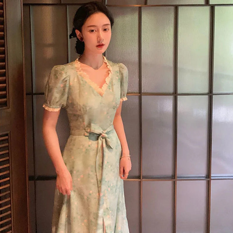 Hnewly DRESS TO IMPRESS Summer Floral Vintage Dress Women Lace Patchwork Sweet Party Midi Dress Female 2024 French Short Sleeve Slim Fairy Kawaii Dress