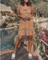 Hnewly  Wood ears Lacing up O neck Orange Camellia Floral Print Short Sleeve Dress Retro Spliced Pleated Mini Short Dresses