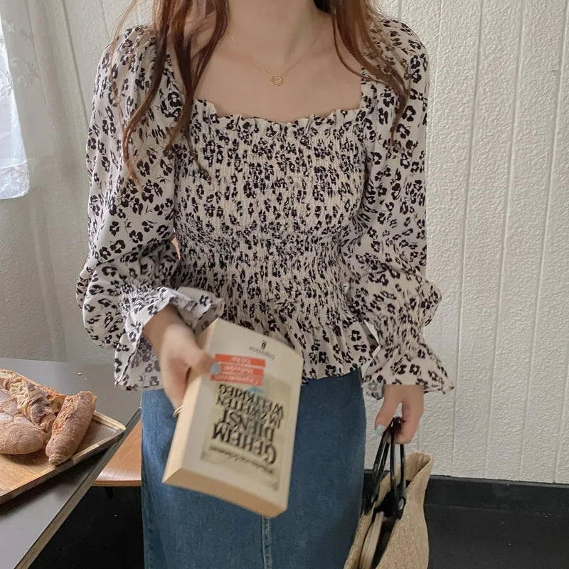 Hnewly French Long Sleeve Ruffle Tops Women Casual Flroal Slim Korean Party Blouse Female Sweet Elegant Sexy Holiday Chic Clothing