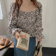 Hnewly French Long Sleeve Ruffle Tops Women Casual Flroal Slim Korean Party Blouse Female Sweet Elegant Sexy Holiday Chic Clothing