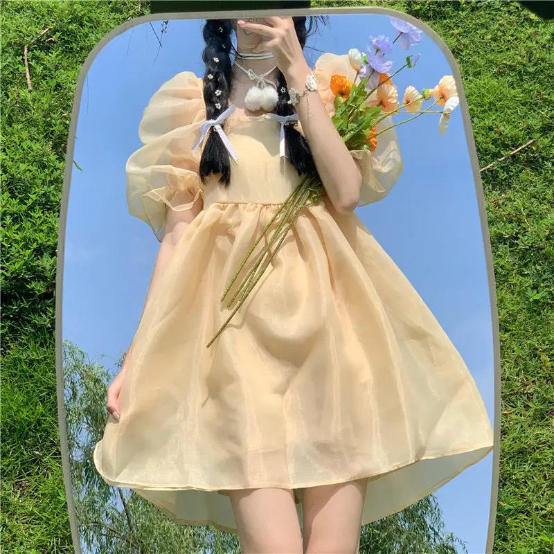 Hnewly DRESS TO IMPRESS Yellow Sweet Princess Dress Women Japanese Fairy Sexy Backless Mini Dress Casual Korean Party Birthday Dress for Women New