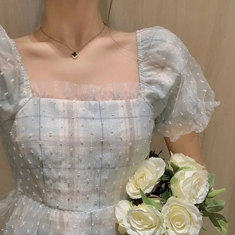 Hnewly DRESS TO IMPRESS French Puff Sleeve Midi Dress Women Square Collar Design Court Vintage Dress Femme Casual Korea Slim Chiffon Summer Dresses 2024
