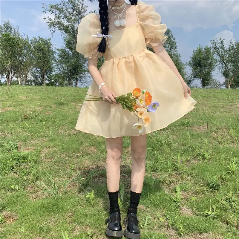 Hnewly DRESS TO IMPRESS Yellow Sweet Princess Dress Women Japanese Fairy Sexy Backless Mini Dress Casual Korean Party Birthday Dress for Women New