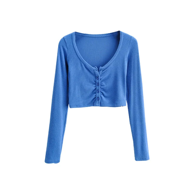 Hnewly Korean Slim V-neck Long Sleeve Bottomed Womens Tops And Blouses High Street Solid Color Open Navel Cardigan U4WF