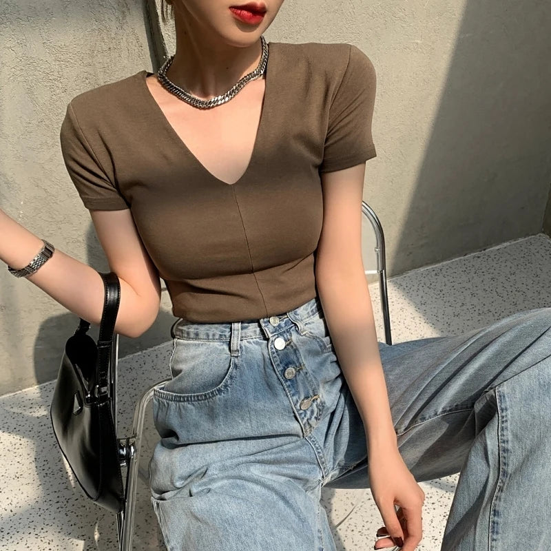 Hnewly Casual Cotton V Neck Short Sleeve T-shirt Women Fashion Shoulder Pad Solid Color Summer Slim Tees Ladies Basic Elastic Tops