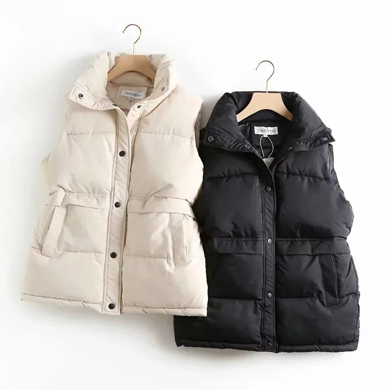 Hnewly Autumn Winter Women Solid Loose Vest Drawstring Stand Collar Long Vest Jacket  Cotton Padded Women Windproof Warm Waistcoat