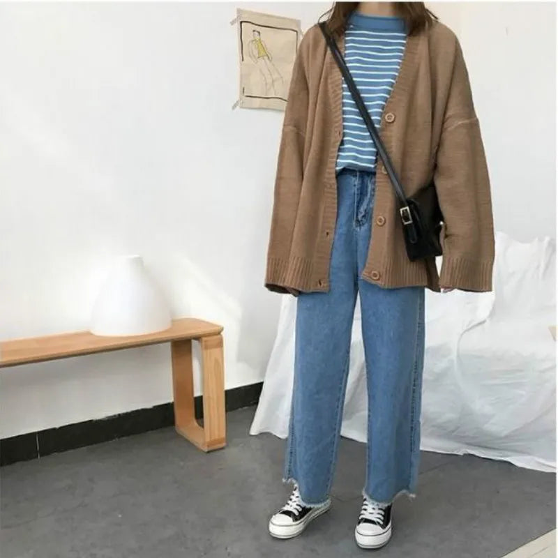 Hnewly Sweaters Women Knitting Cardigans Casual Spring V-Neck Long Sleeve Daily Solid Mujer Clothes Single Breasted Brown College
