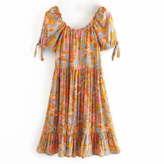 Hnewly  Wood ears Lacing up O neck Orange Camellia Floral Print Short Sleeve Dress Retro Spliced Pleated Mini Short Dresses