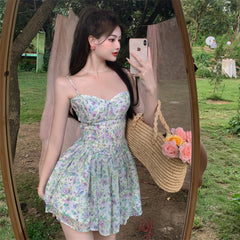 Hnewly DRESS TO IMPRESS Sexy Strap Floral Dress Women Designer Korean Elegant Sweet Mini Dress Sleeveless Chiffon Slim Fairy Party Dress Summer New