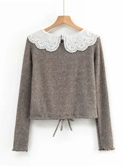 Hnewly  woman sweaters vintage winter tops knitted long sleeve crop top sweater  korean cropped sweater kawaii pulovers peter pan collar