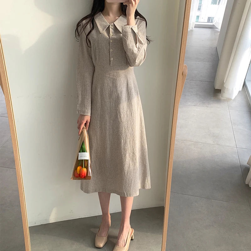 Hnewly New Autumn Woman Dress Girls Party Female Vintage Dress Plaid Buttons Long Sleeve Women Dresses Long Shirt Robe Vestido
