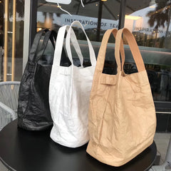 Hnewly  Washed Kraft Paper Shoulder Bag Fashion Retro Pleated Messenger Bags Women's Tote Portable Bucket Handbag