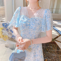 Hnewly DRESS TO IMPRESS Vintage Chiffon Fairy Dress Women Elegant Floral Print Split Victorian Dress Summer Holiday Korean Long Party Dress Wedding