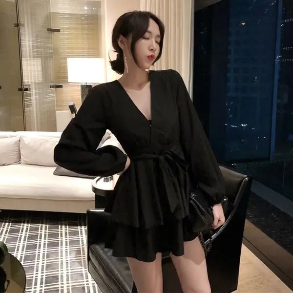 Hnewly Long Sleeve Dress Women Red V-neck Cascading Ruffle Casual Mini Dresses Womens Elegant Sexy Party Vestidoes Fashion Solid Trendy