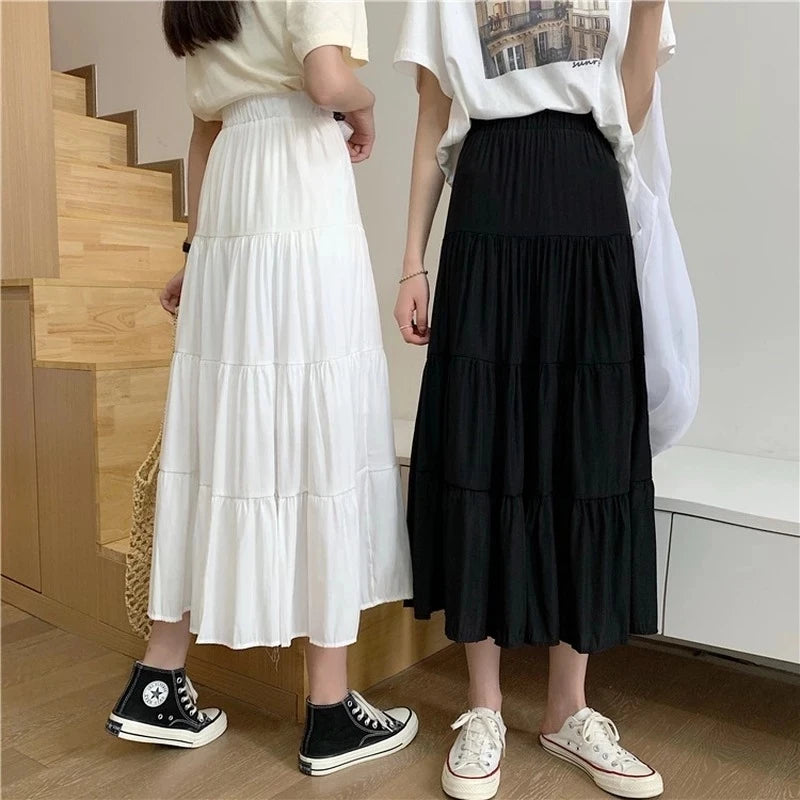 Hnewly Spring Summer Women Chiffon Skirts Vintage High Waist Elastic Patchwork White Black Chic Long Cake A-line Skirt for Student