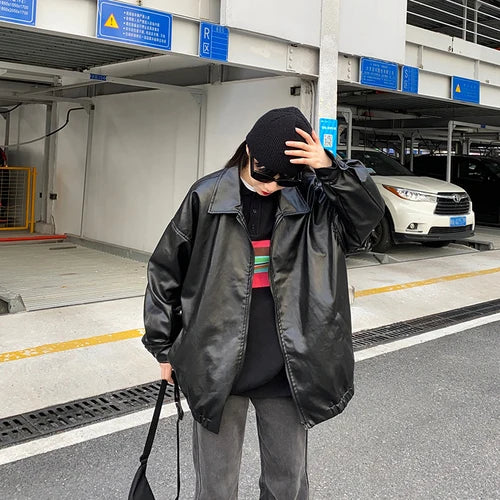 Hnewly trashy outfits Korean Black Leather Jacket Women Winter Long Women's Moto Biker Zipper Jacket Streetwear Harajuku Y2K Loose Women's Coat