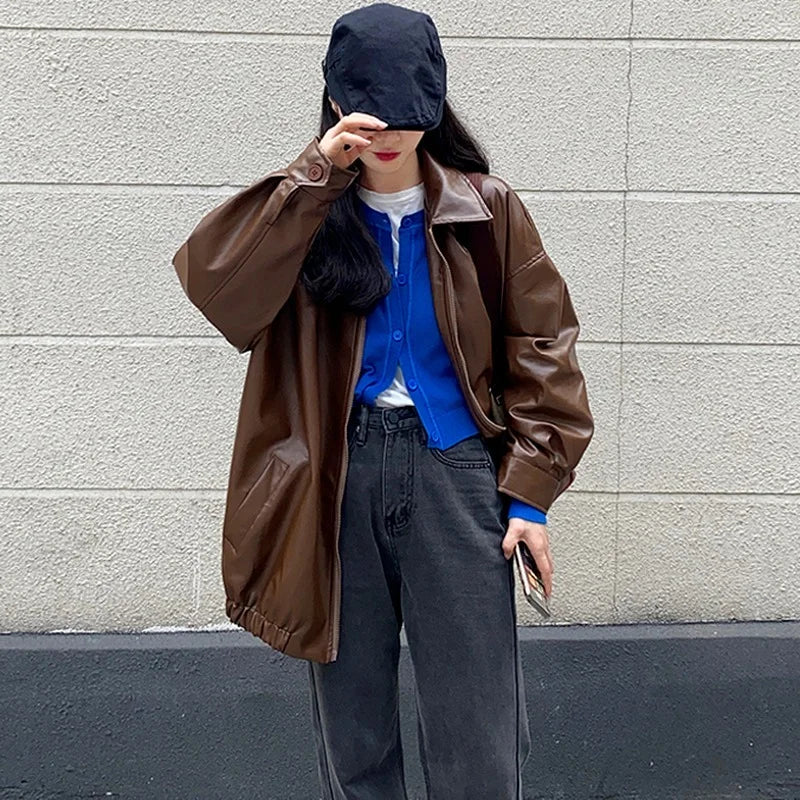 Hnewly trashy outfits Korean Black Leather Jacket Women Winter Long Women's Moto Biker Zipper Jacket Streetwear Harajuku Y2K Loose Women's Coat