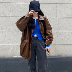 Hnewly trashy outfits Korean Black Leather Jacket Women Winter Long Women's Moto Biker Zipper Jacket Streetwear Harajuku Y2K Loose Women's Coat