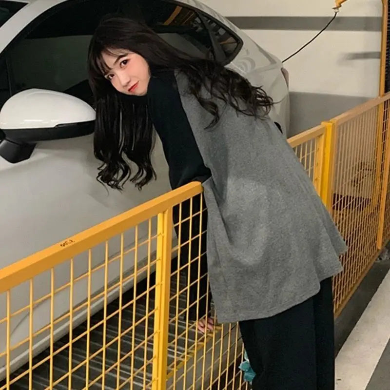 Hnewly casual winter outfits New Female T-shirt Grey O Neck Contrast Color Long Sleeve T Shirt Loose Autumn Tee Tops for Women Shirts Patchwork