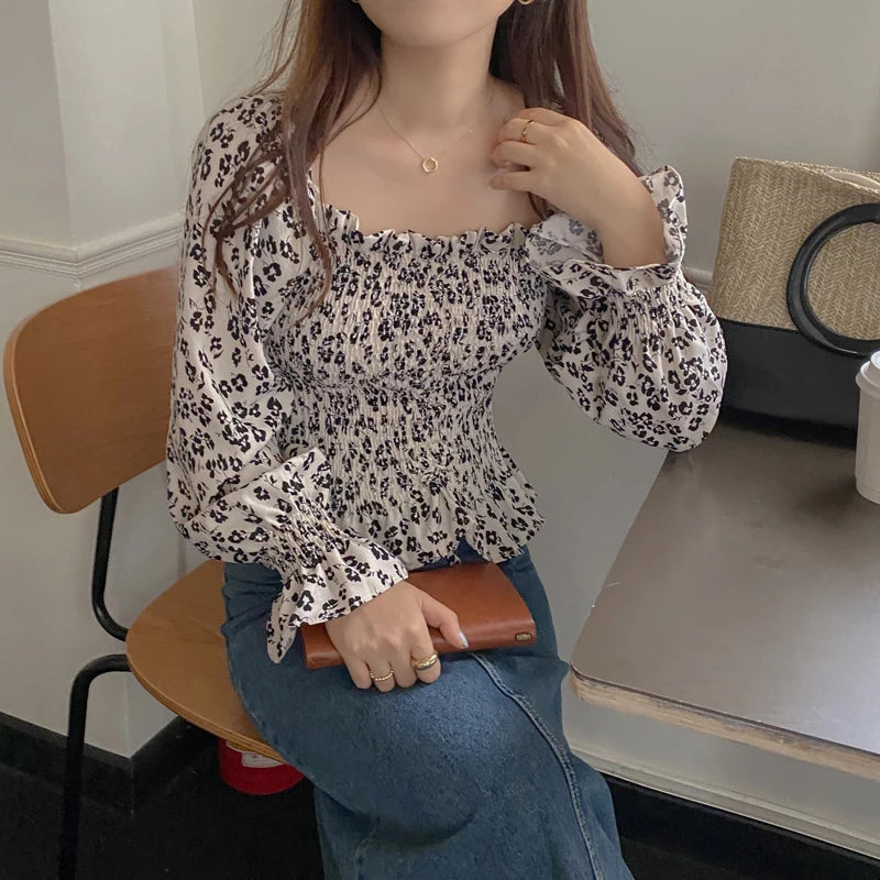 French Long Sleeve Ruffle Tops Women Casual Flroal Slim Korean Party Blouse Female Sweet Elegant Sexy Holiday Chic Clothing